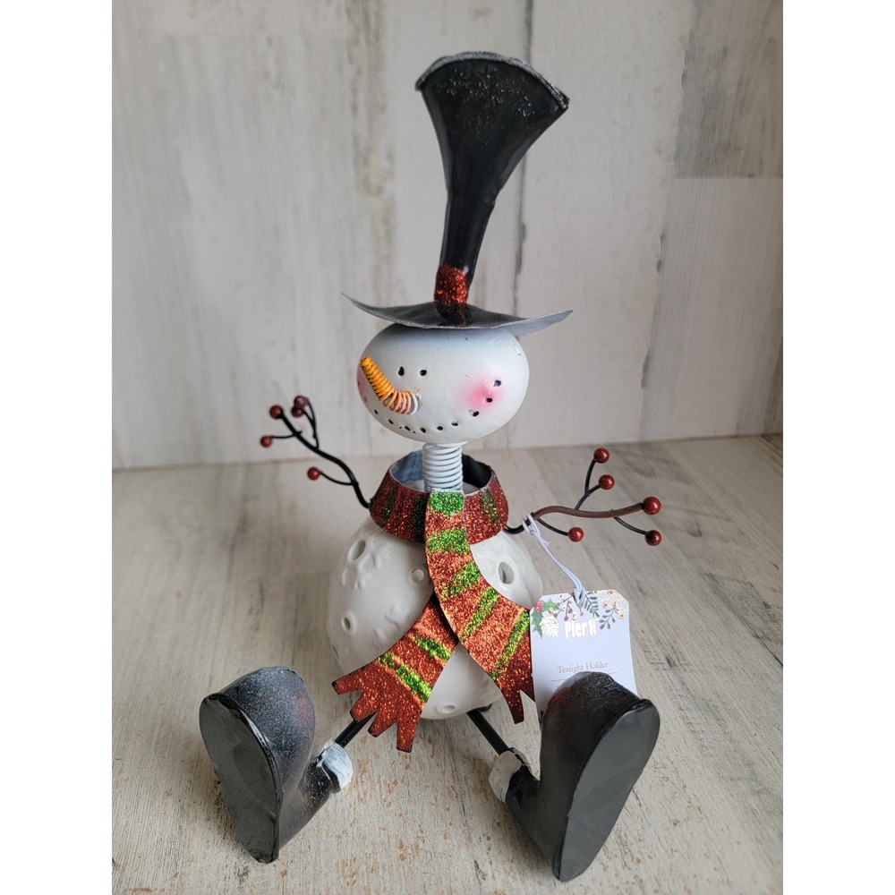 Pier 1 snowman bobblehead tealight holder Xmas home decor glitter unique